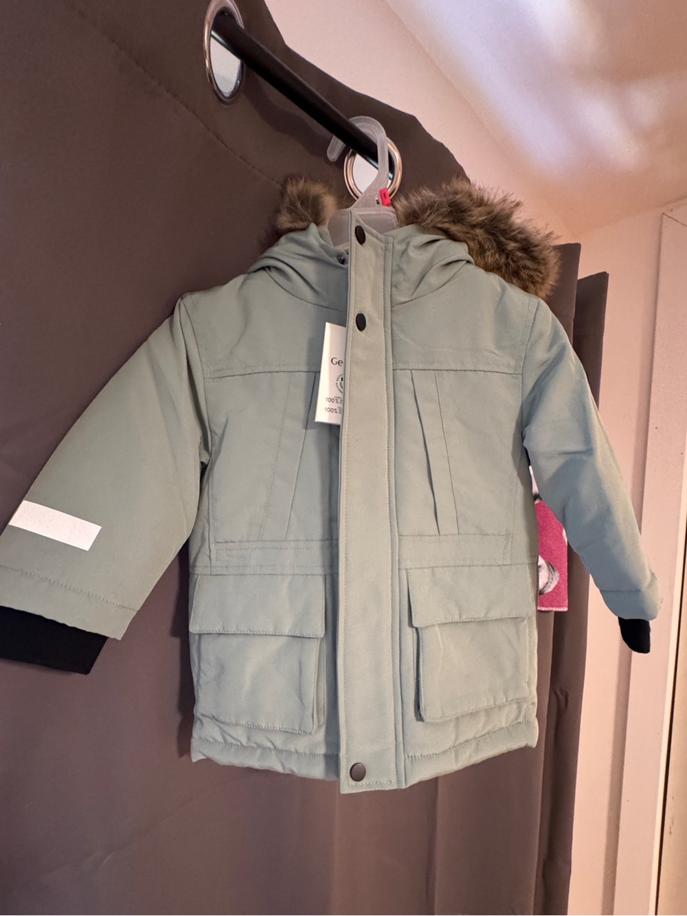 George Sage Green Hooded Puffer Coat with Faux Fur Trim